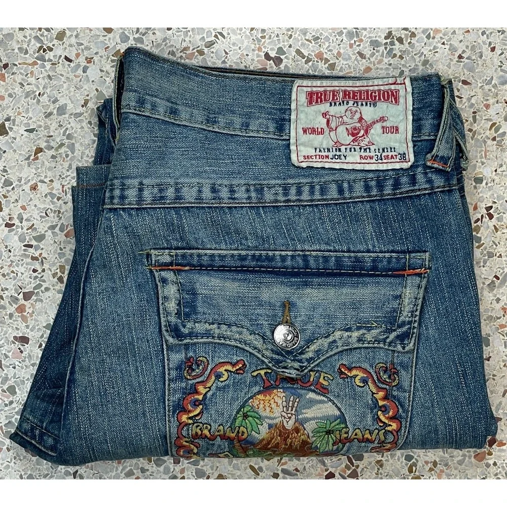 True Religion‎ Joey Vtg Rare Y2K Men's Embroidered Peace Sign Jeans Size 39x30